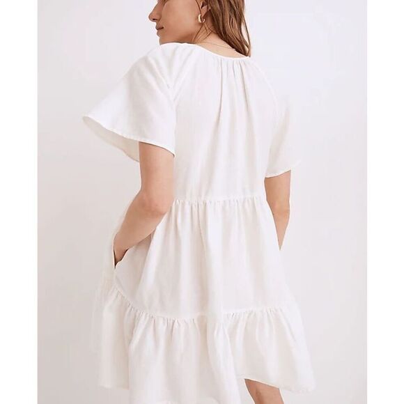 Madewell White Linen-Blend Flutter-Sleeve Tiered Mini Dress - Picture 2 of 14